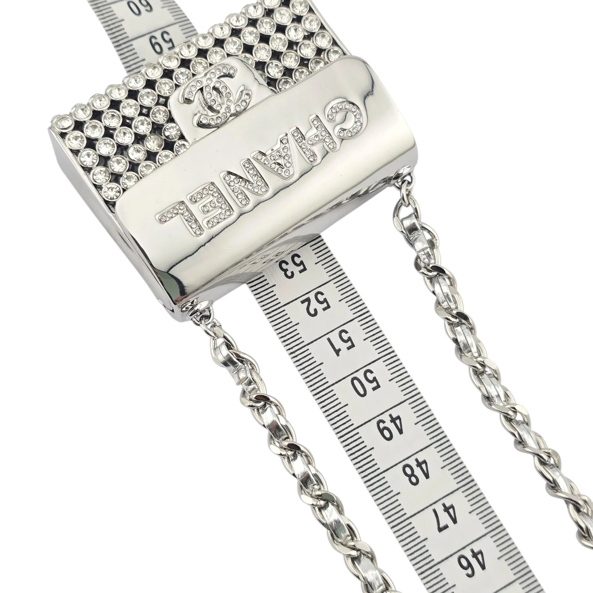 Chanel CC Metal Lambskin Strass Crystal Mini Bag Long Necklace Silver CHANEL