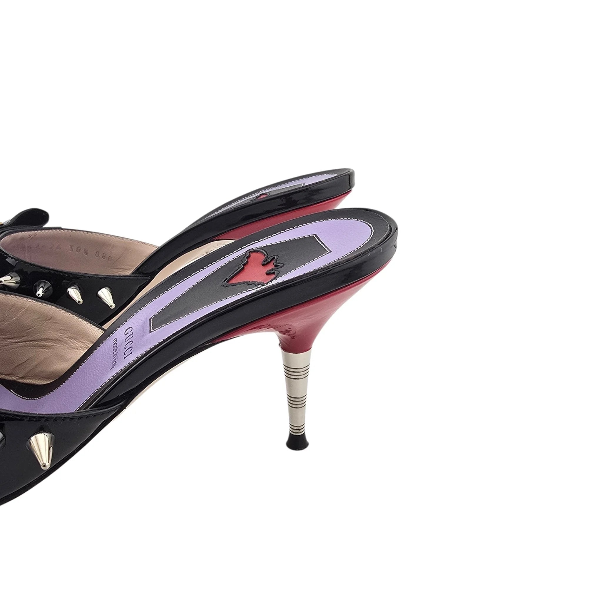 GUCCI Patent GG Bow Sadie Spike Mid Heel Mules 38.5 Black GUCCI