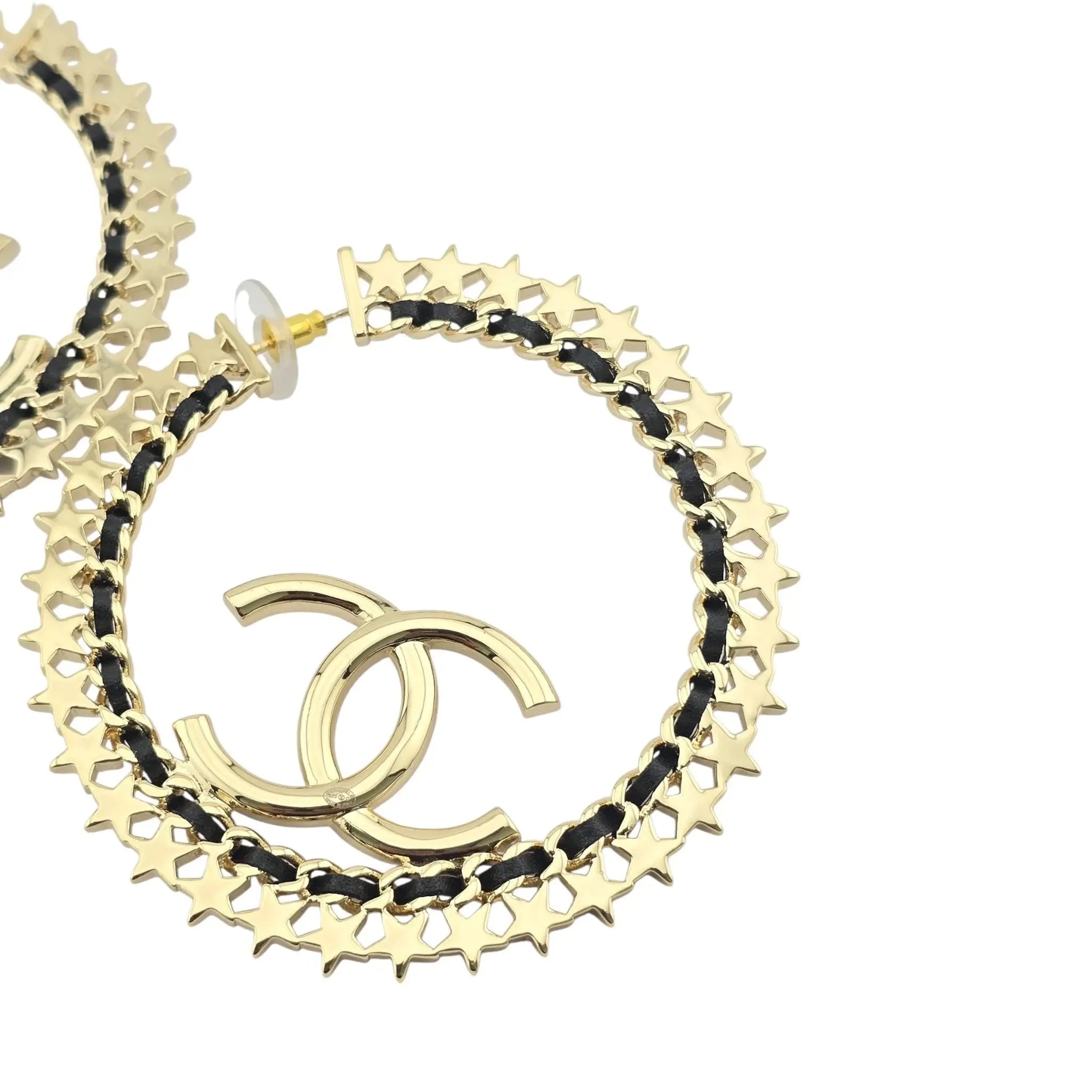 Chanel CC Large Hoop Earrings Crystal/Leather CHANEL