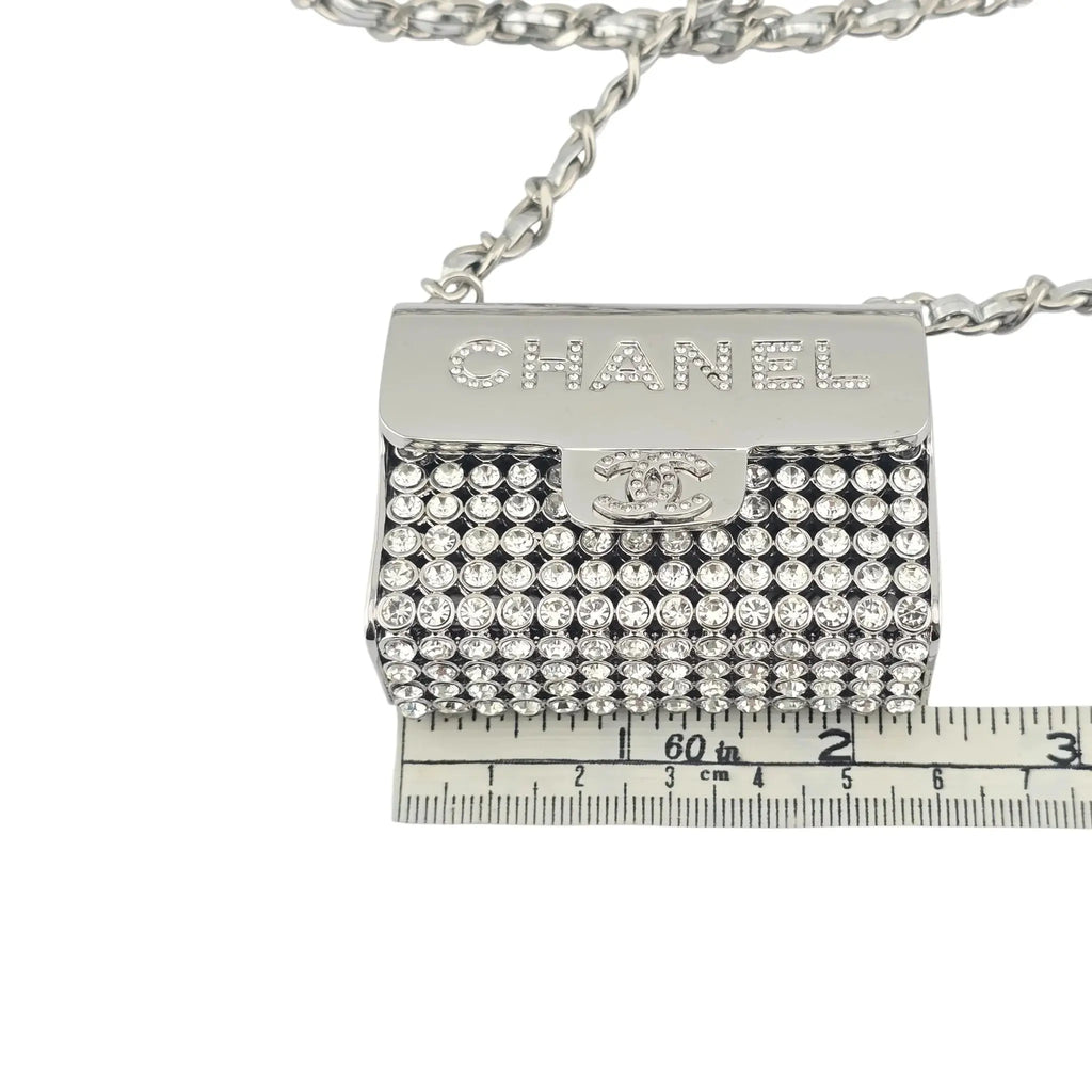 Chanel CC Metal Lambskin Strass Crystal Mini Bag Long Necklace Silver CHANEL