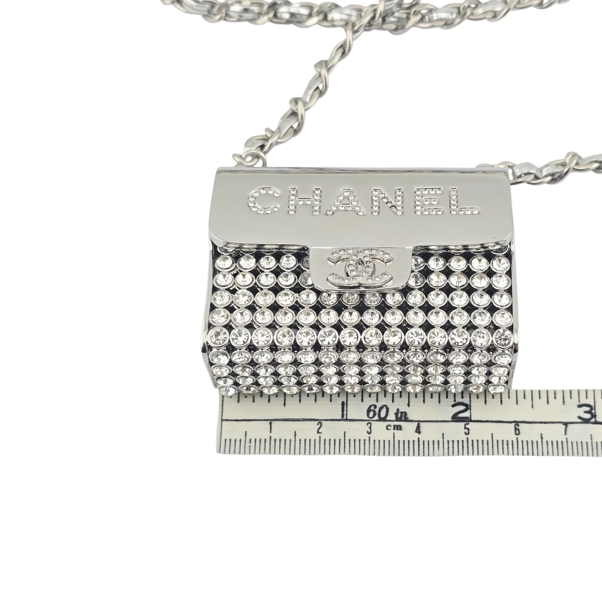 Chanel CC Metal Lambskin Strass Crystal Mini Bag Long Necklace Silver CHANEL
