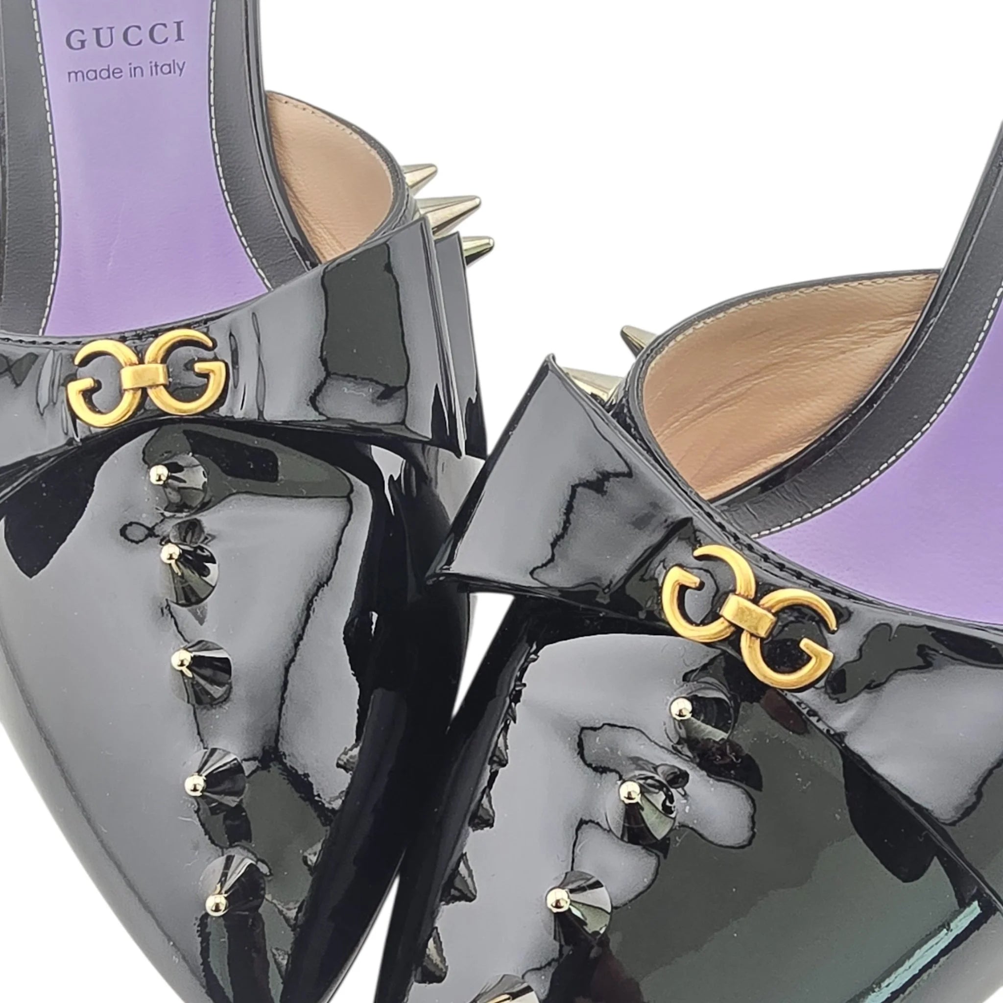 GUCCI Patent GG Bow Sadie Spike Mid Heel Mules 38.5 Black GUCCI