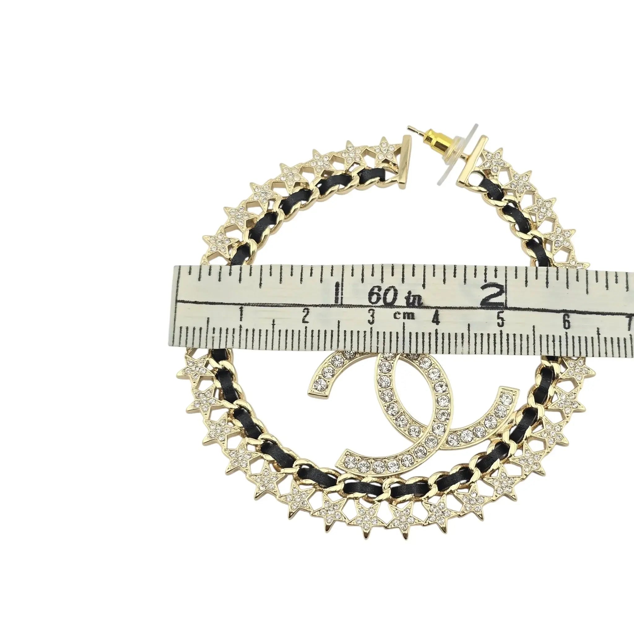 Chanel CC Large Hoop Earrings Crystal/Leather CHANEL