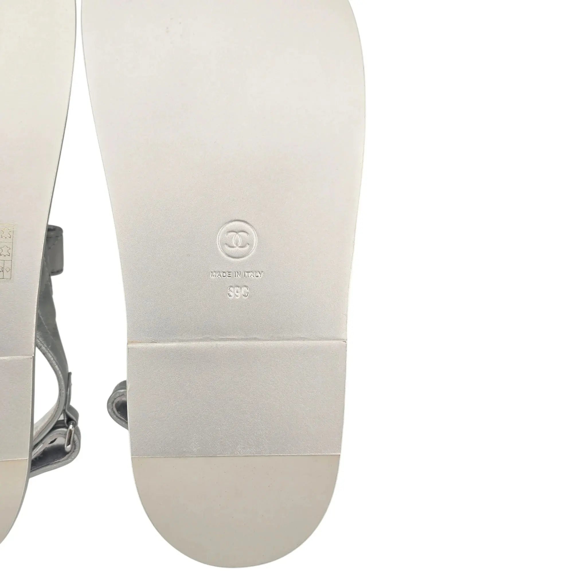 Chanel CC Silver Metallic Leather Dad Sandals CHANEL