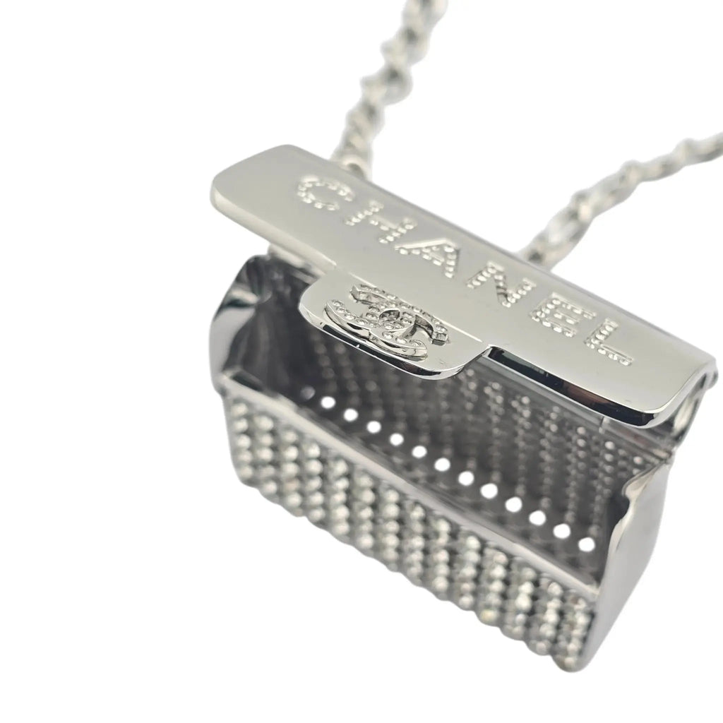 Chanel CC Metal Lambskin Strass Crystal Mini Bag Long Necklace Silver CHANEL
