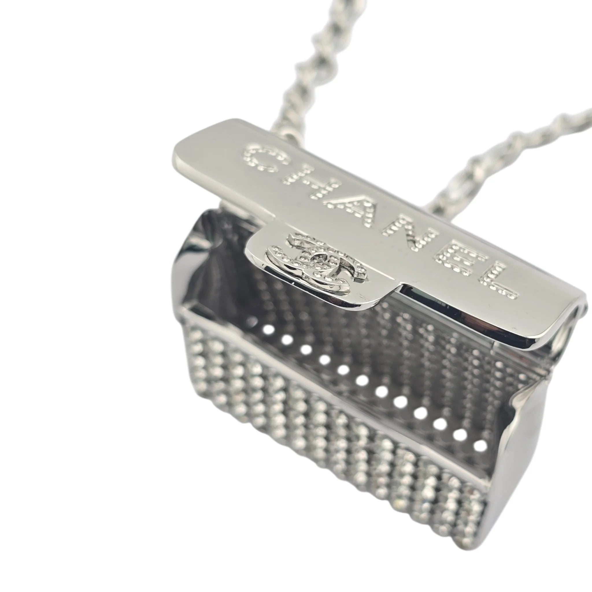 Chanel CC Metal Lambskin Strass Crystal Mini Bag Long Necklace Silver CHANEL