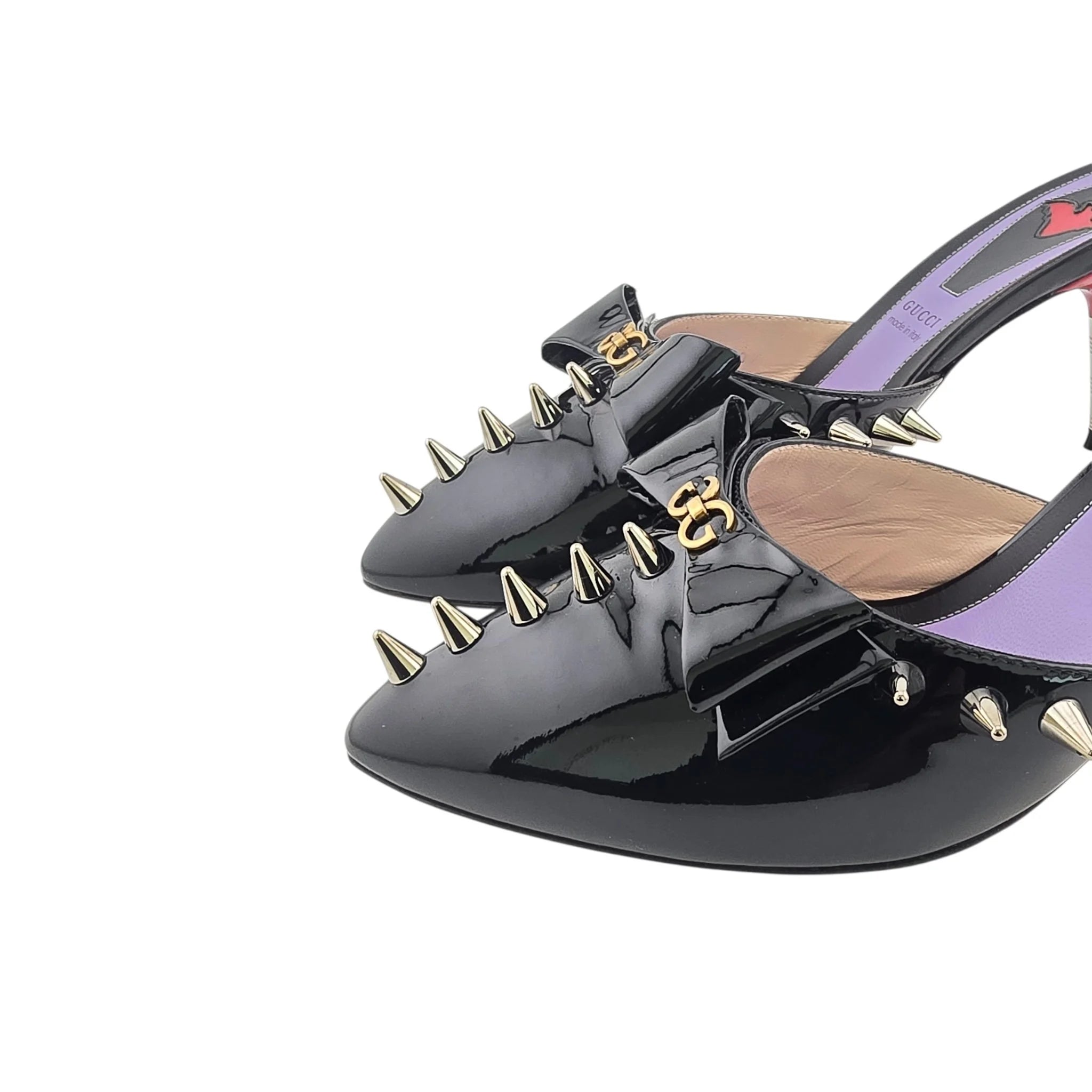 GUCCI Patent GG Bow Sadie Spike Mid Heel Mules 38.5 Black GUCCI