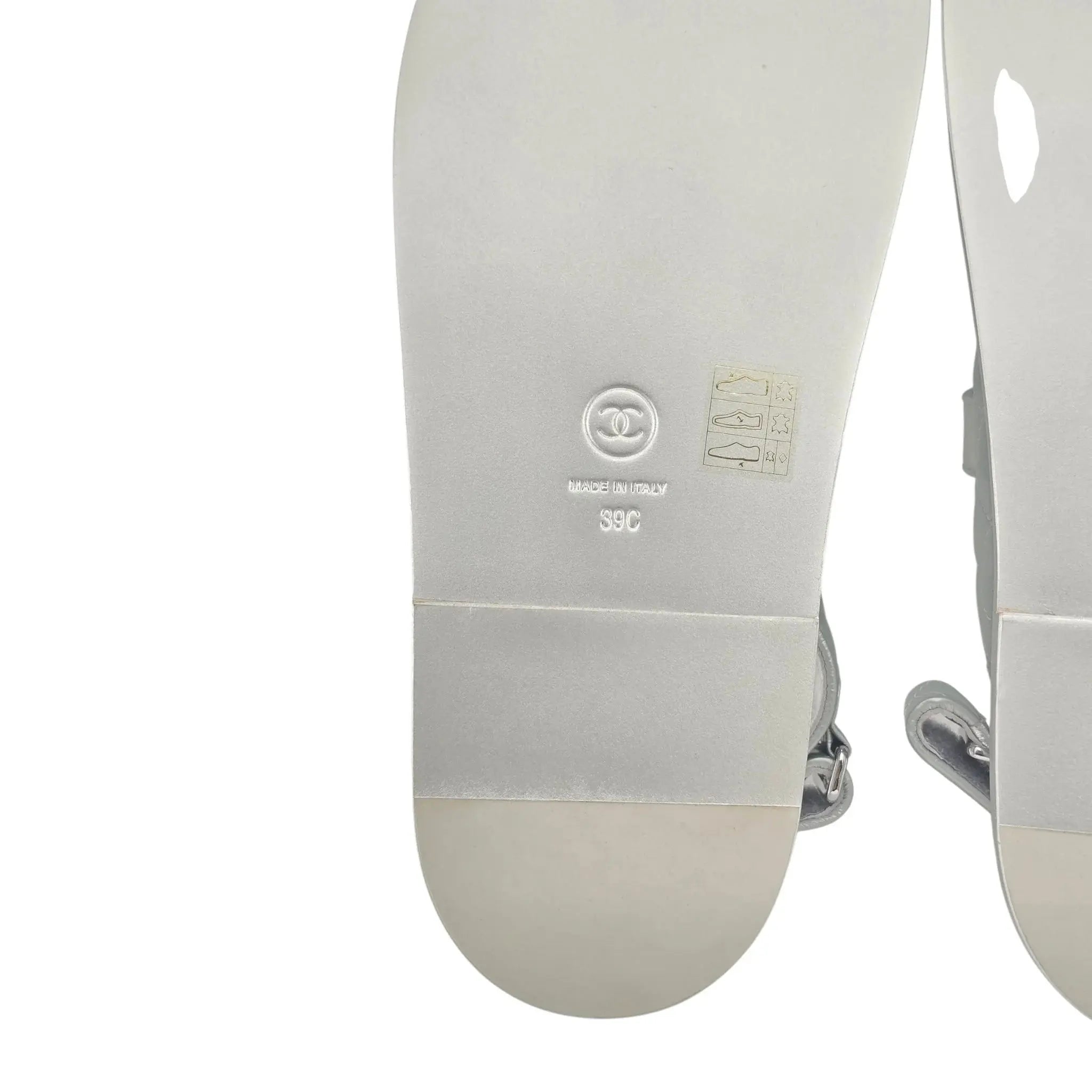 Chanel CC Silver Metallic Leather Dad Sandals CHANEL