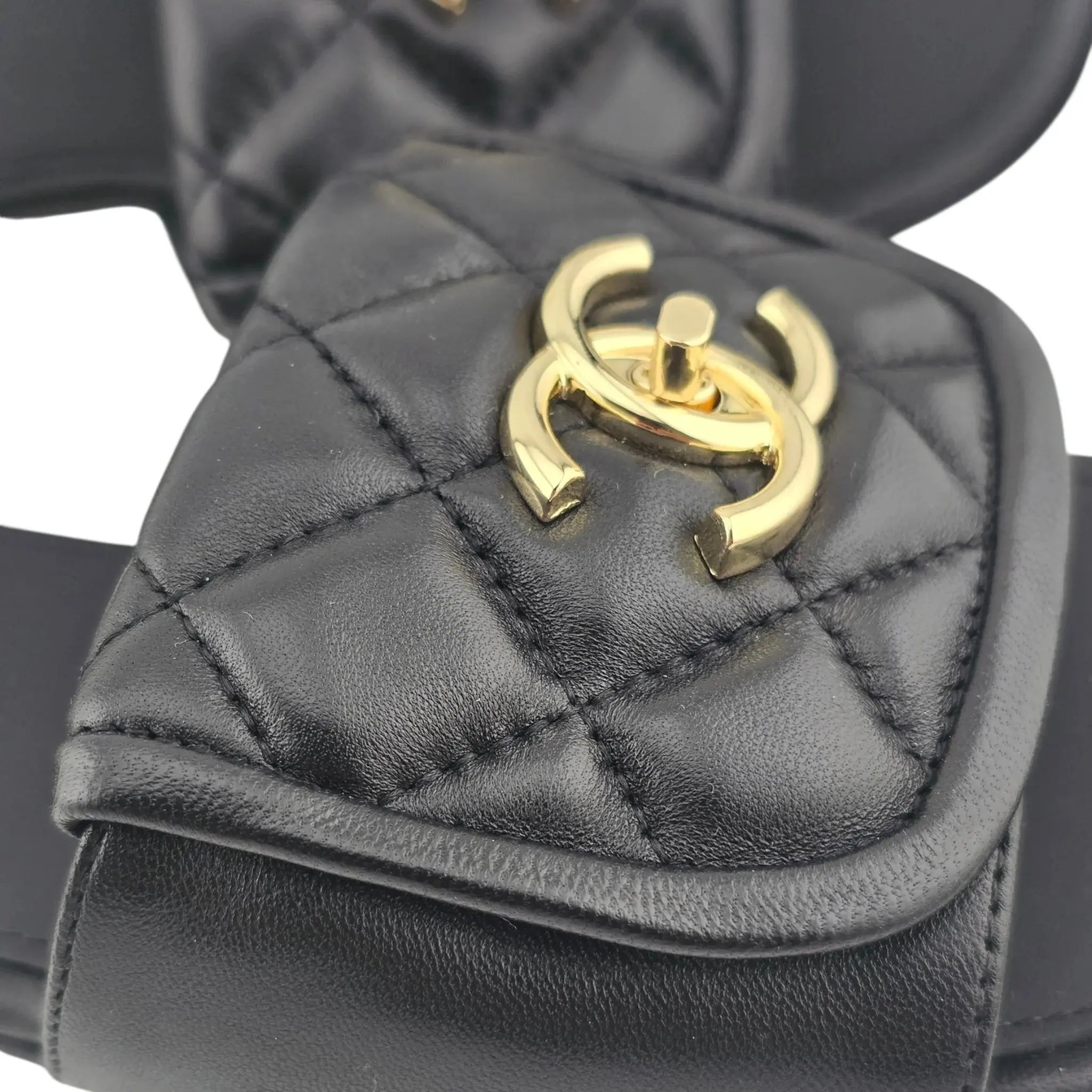 Chanel CC  Lambskin Quilted Turnlock Black Gold Sandals 39 CHANEL