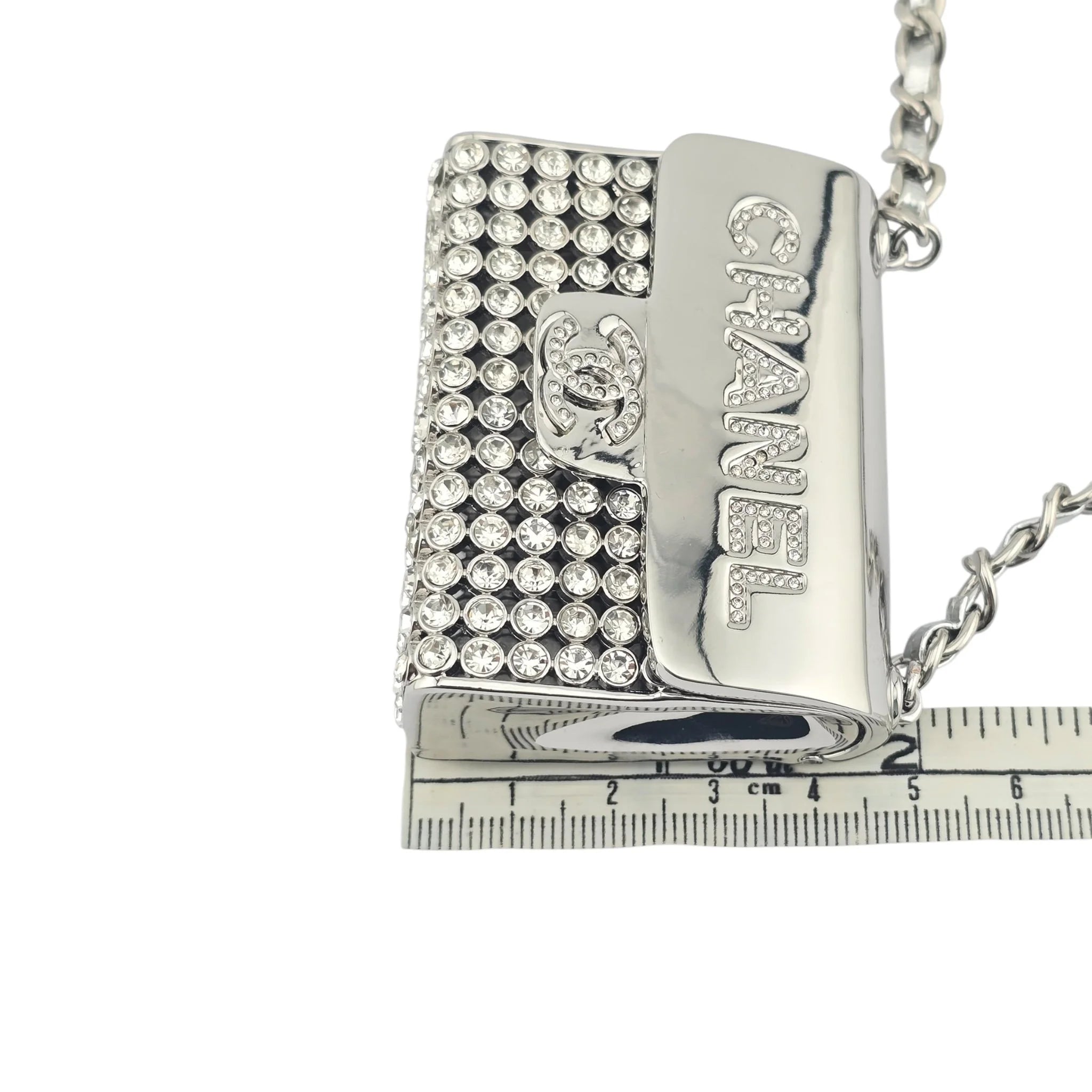 Chanel CC Metal Lambskin Strass Crystal Mini Bag Long Necklace Silver CHANEL