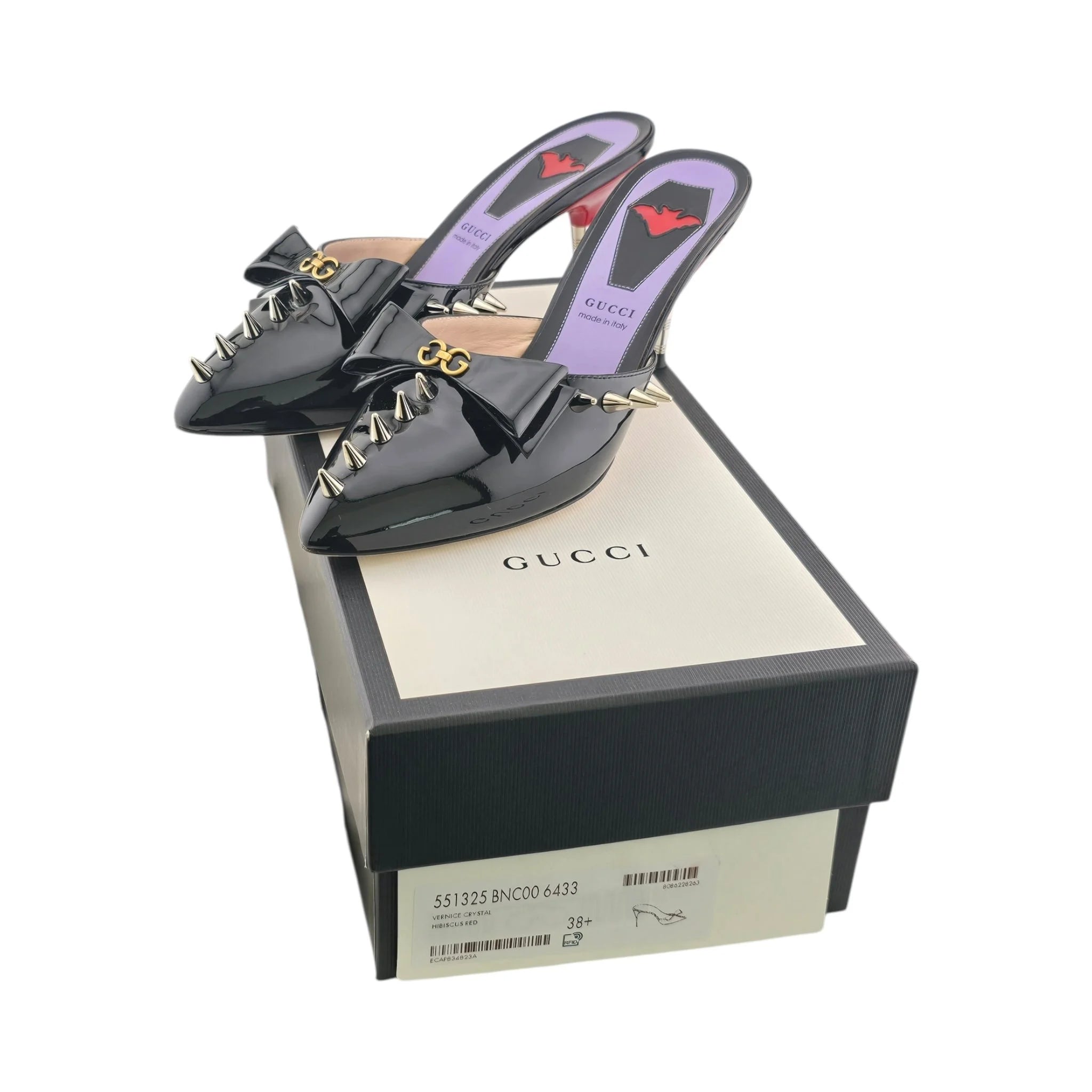 GUCCI Patent GG Bow Sadie Spike Mid Heel Mules 38.5 Black GUCCI