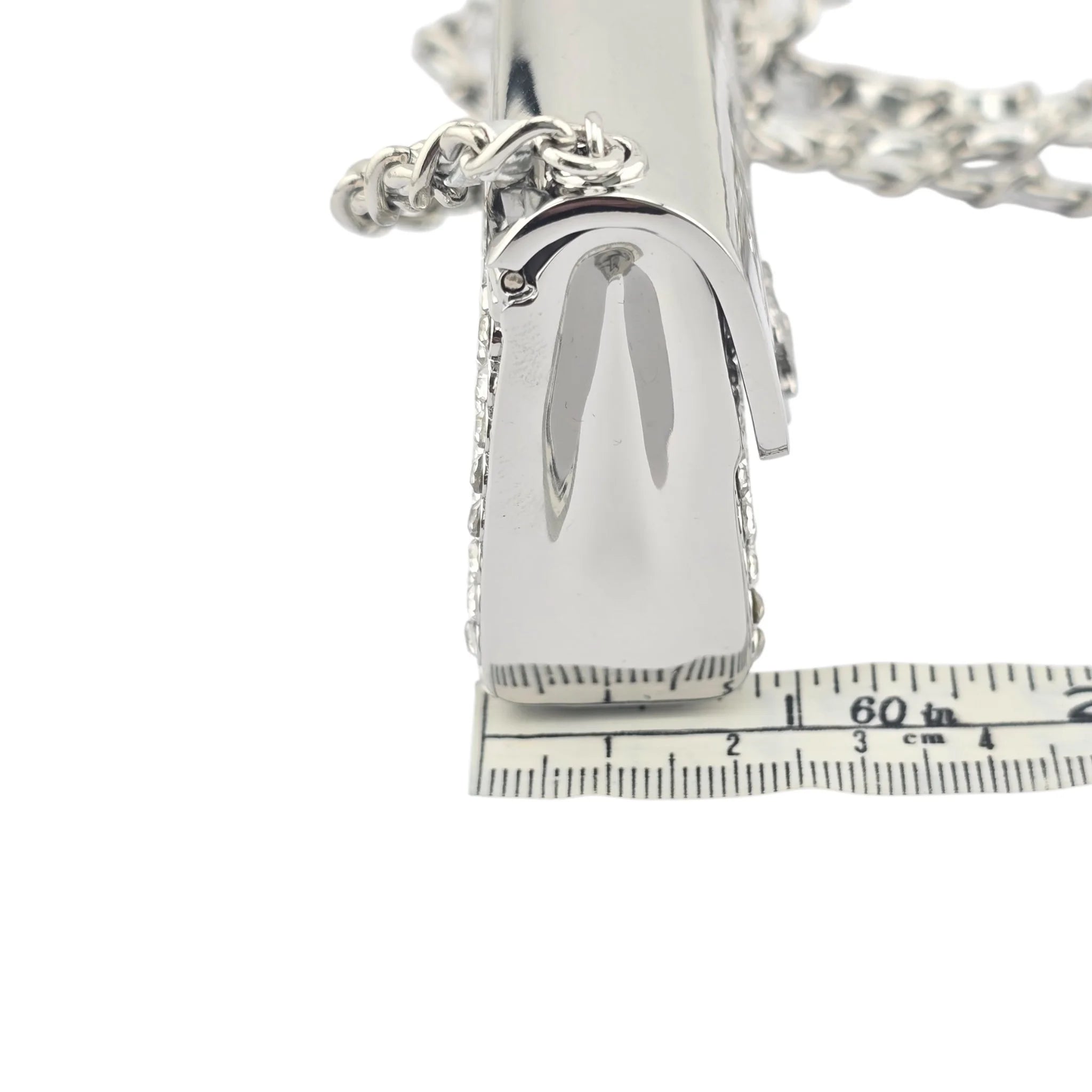 Chanel CC Metal Lambskin Strass Crystal Mini Bag Long Necklace Silver CHANEL