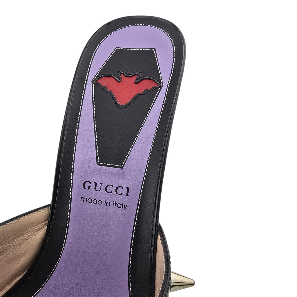 GUCCI Patent GG Bow Sadie Spike Mid Heel Mules 38.5 Black GUCCI