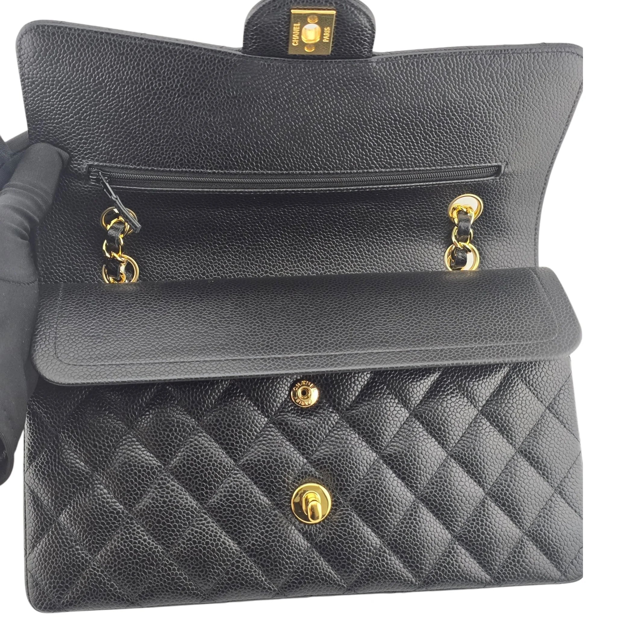 Chanel Medium Classic Flap Caviar Black Gold Hardware CHANEL