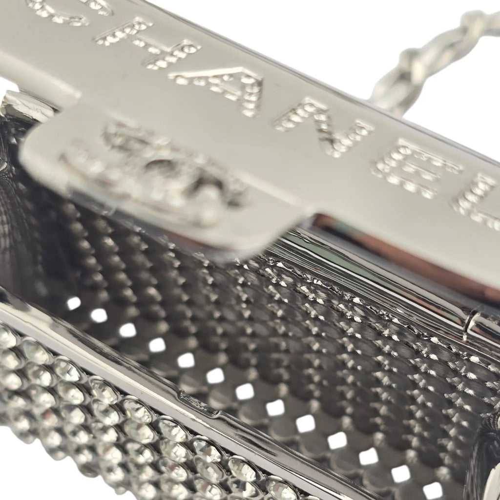 Chanel CC Metal Lambskin Strass Crystal Mini Bag Long Necklace Silver CHANEL