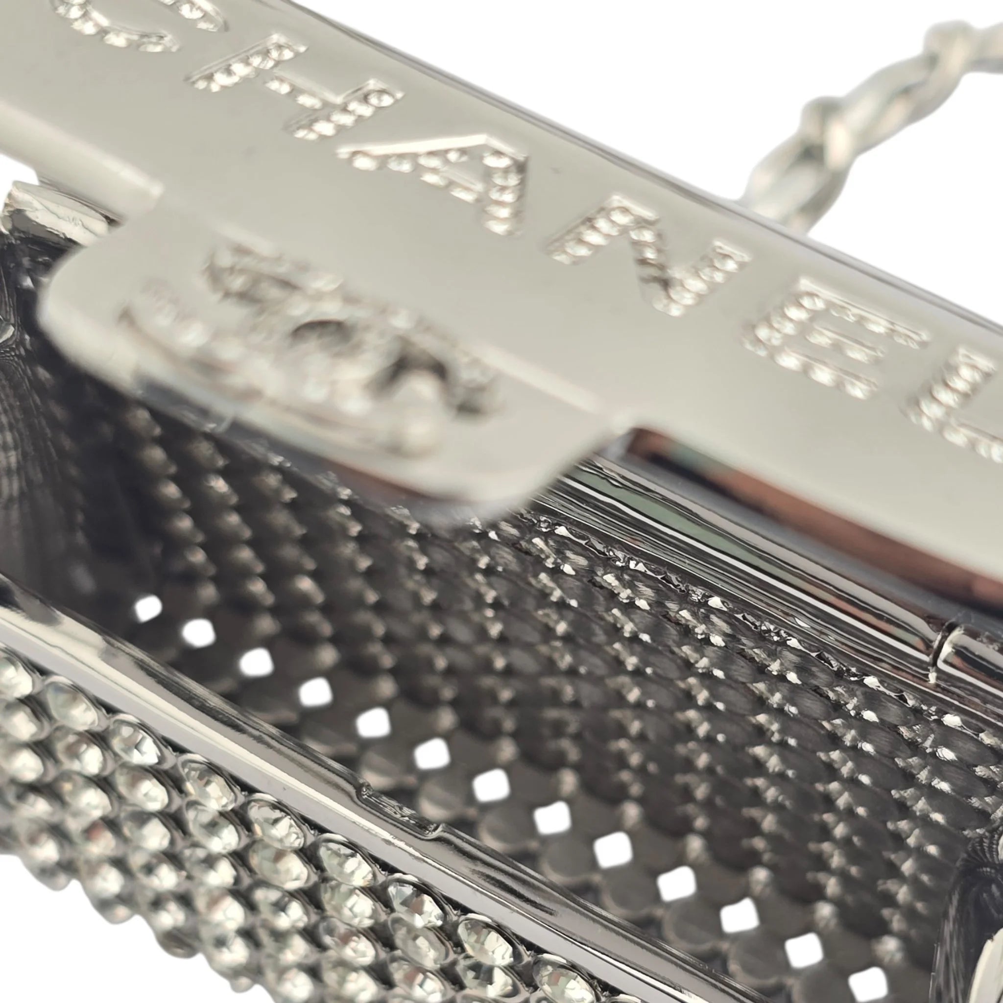 Chanel CC Metal Lambskin Strass Crystal Mini Bag Long Necklace Silver CHANEL
