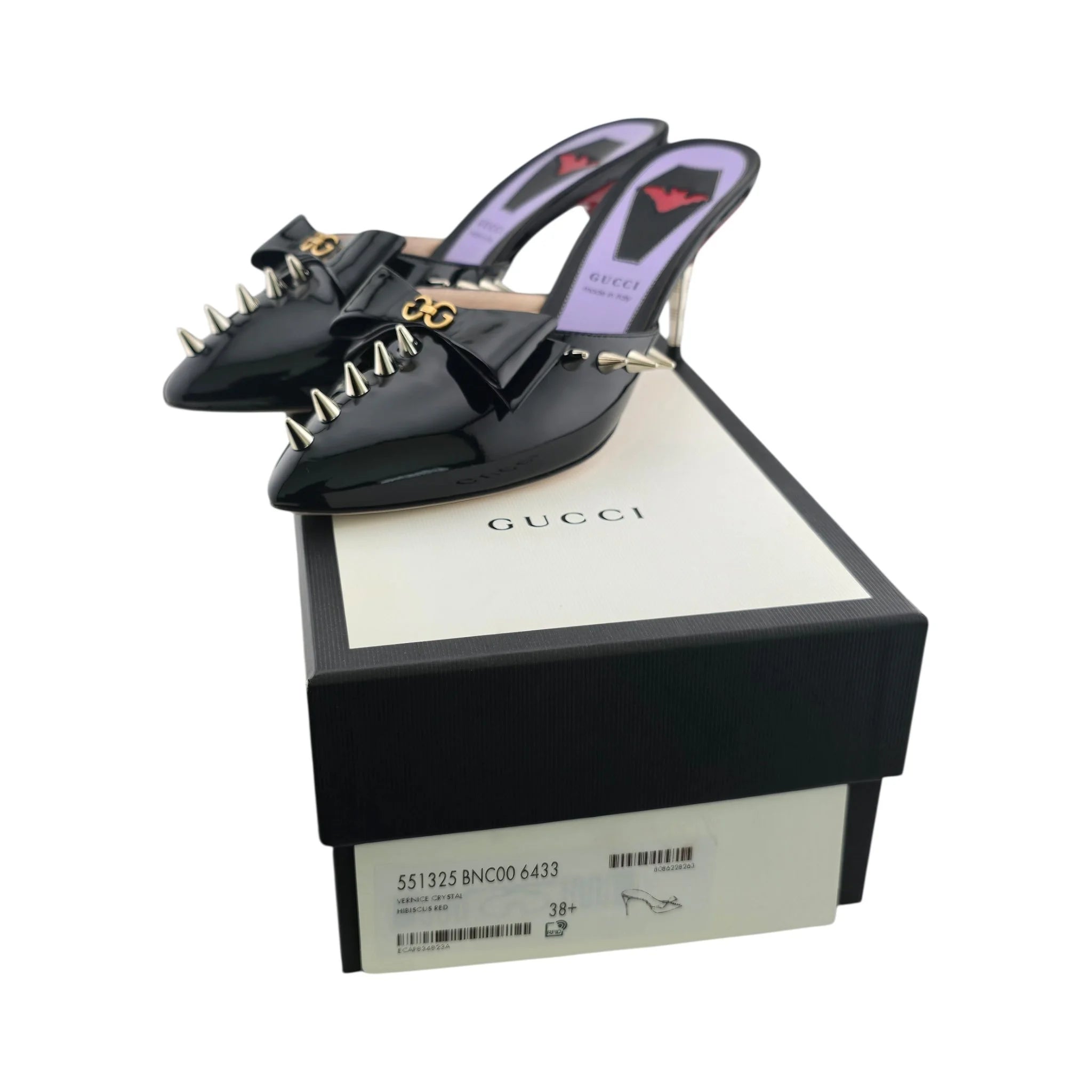 GUCCI Patent GG Bow Sadie Spike Mid Heel Mules 38.5 Black GUCCI