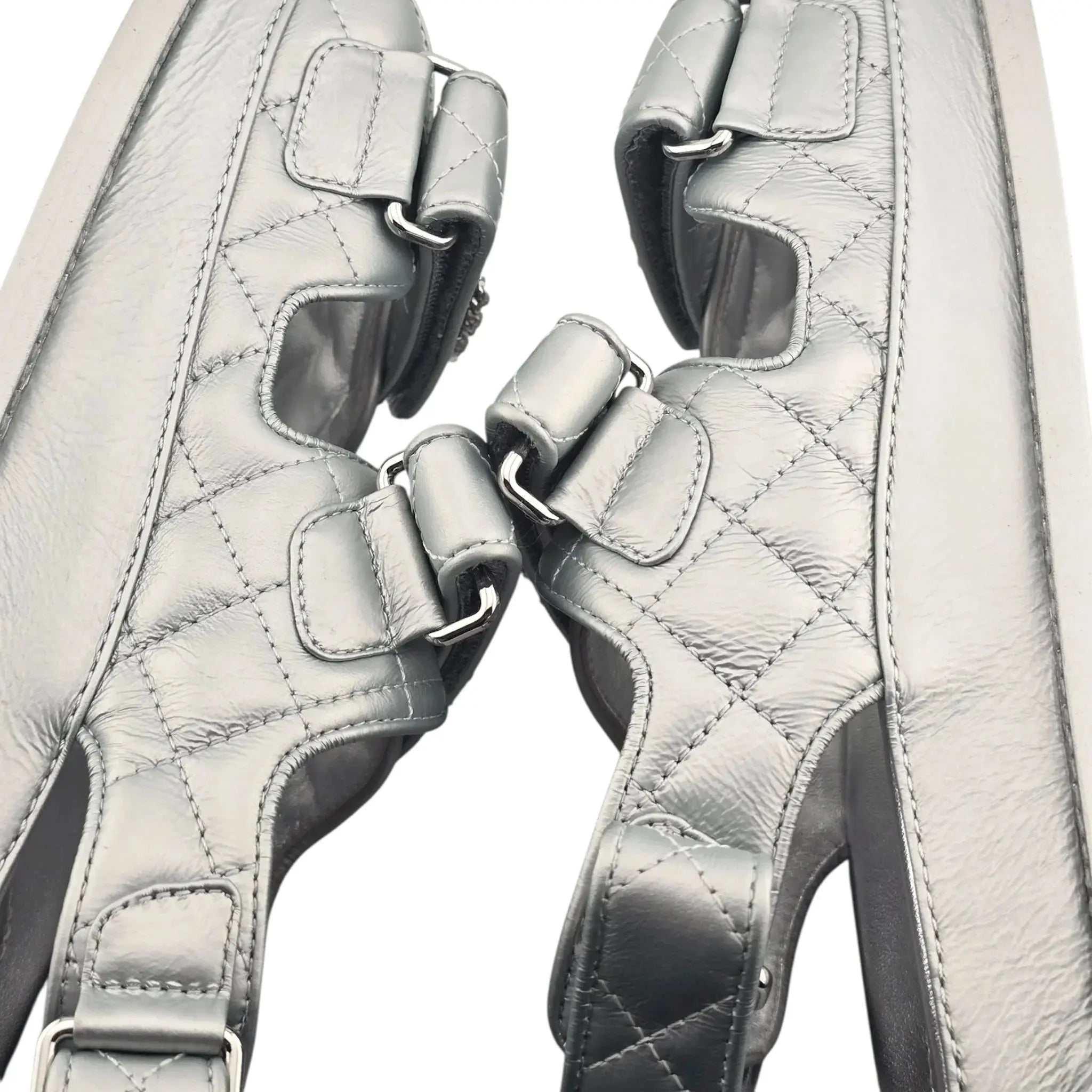 Chanel CC Silver Metallic Leather Dad Sandals CHANEL