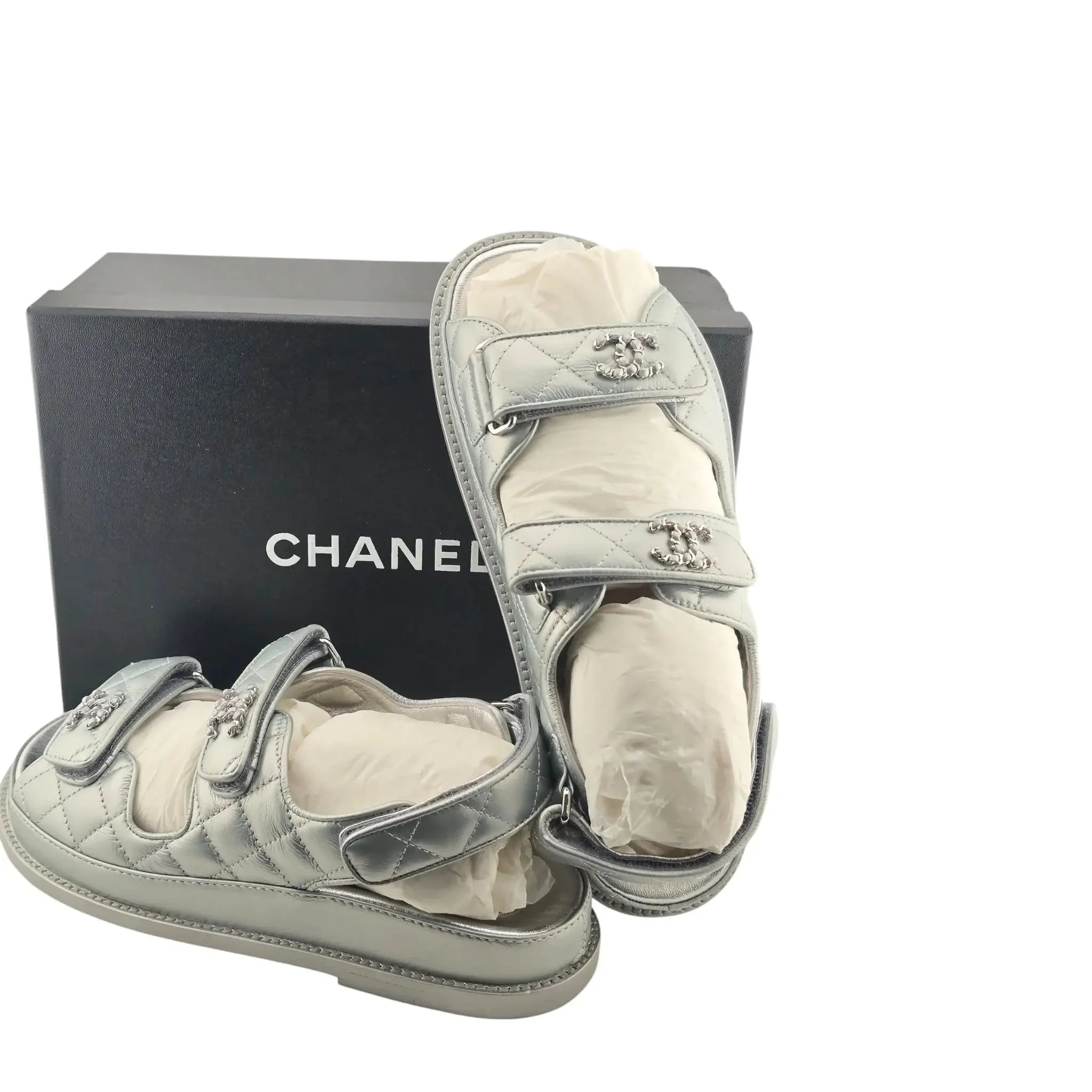Chanel CC Silver Metallic Leather Dad Sandals CHANEL