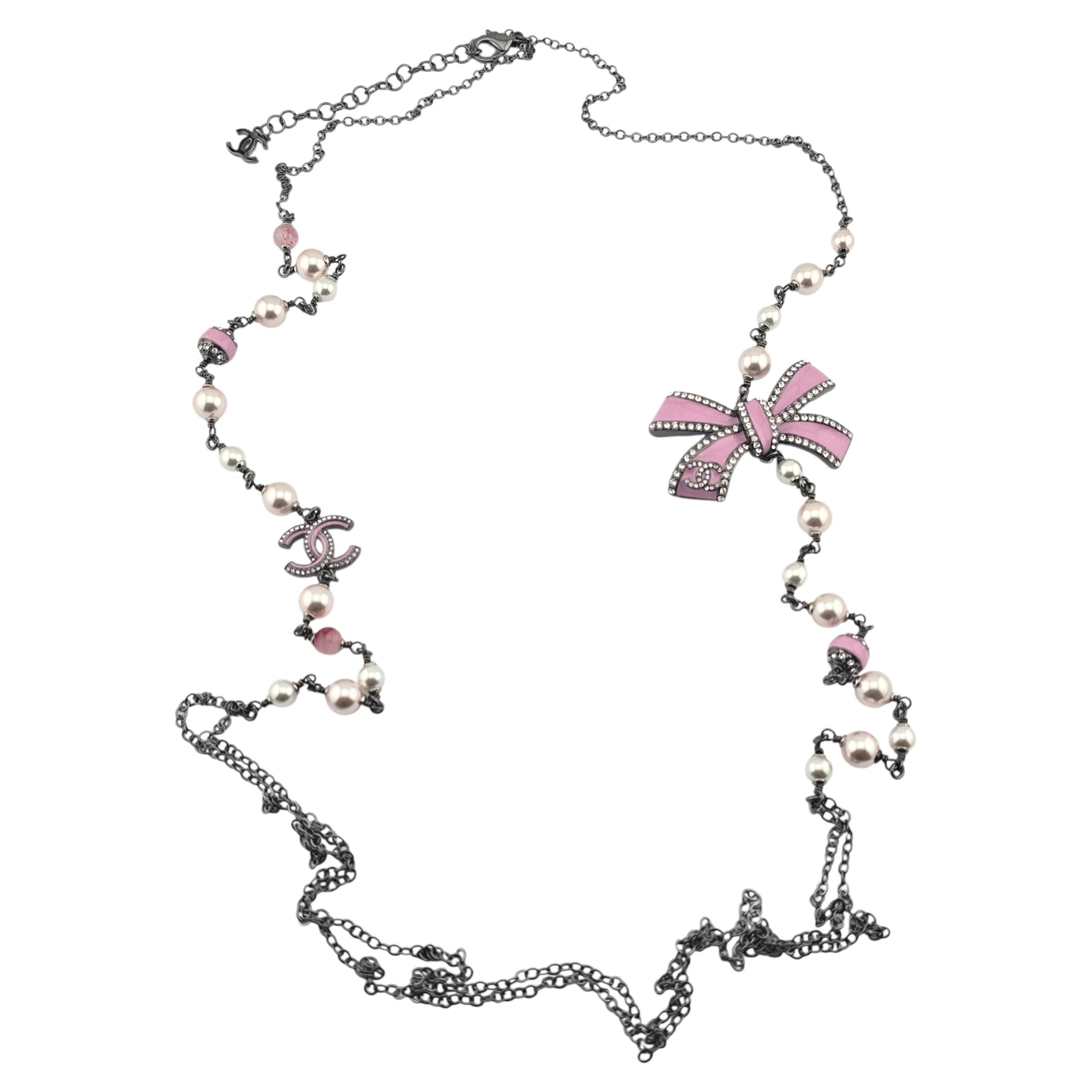 Chanel CC Long Ruthenium Pink Bow Necklace 2025 CHANEL
