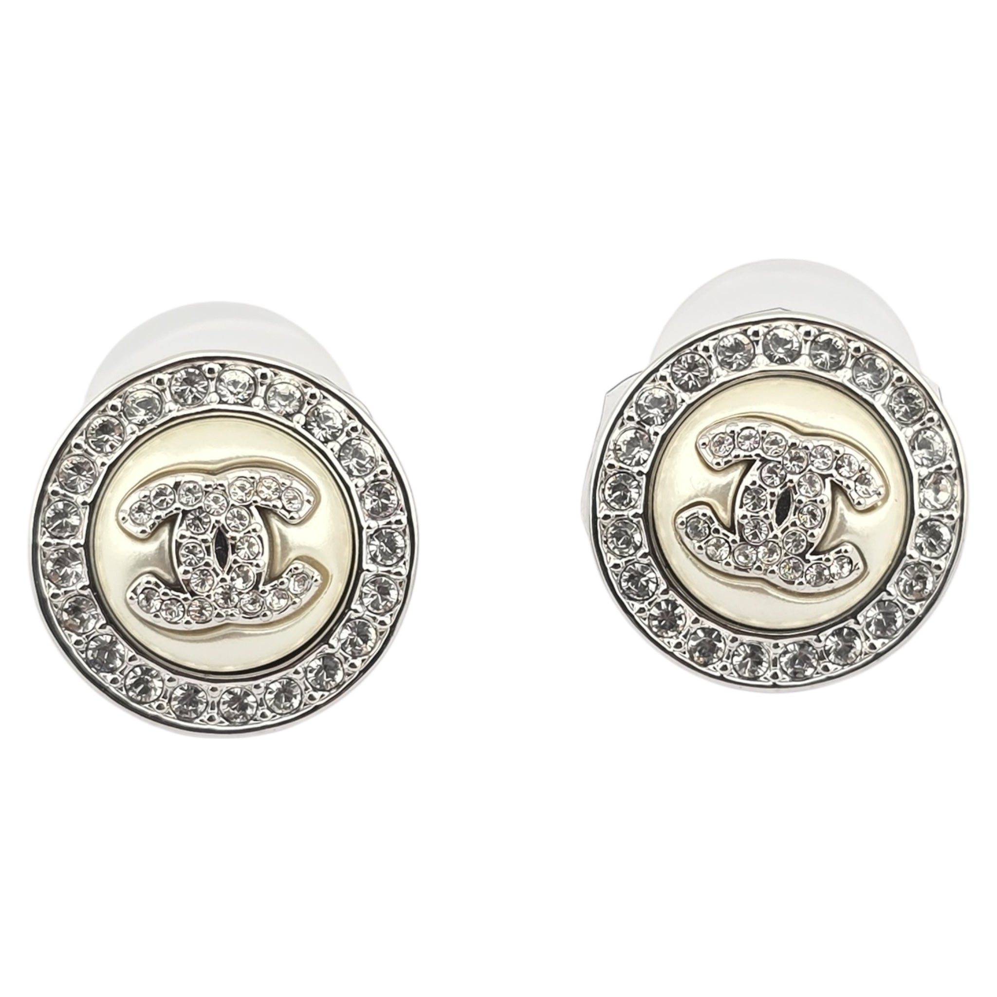 Chanel CC Pearl Crystal Round Earrings Silver 2025 CHANEL