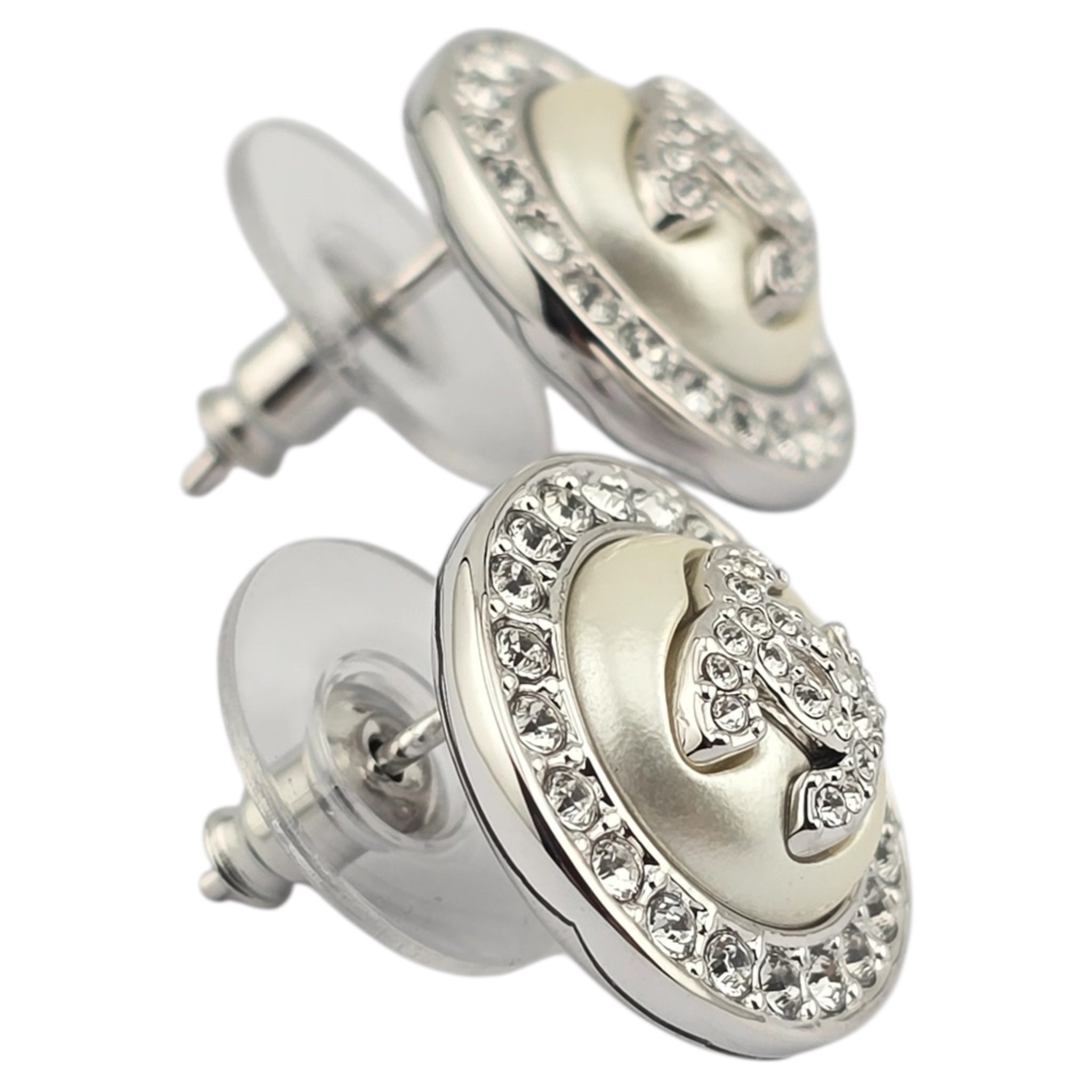 Chanel CC Pearl Crystal Round Earrings Silver 2025 CHANEL