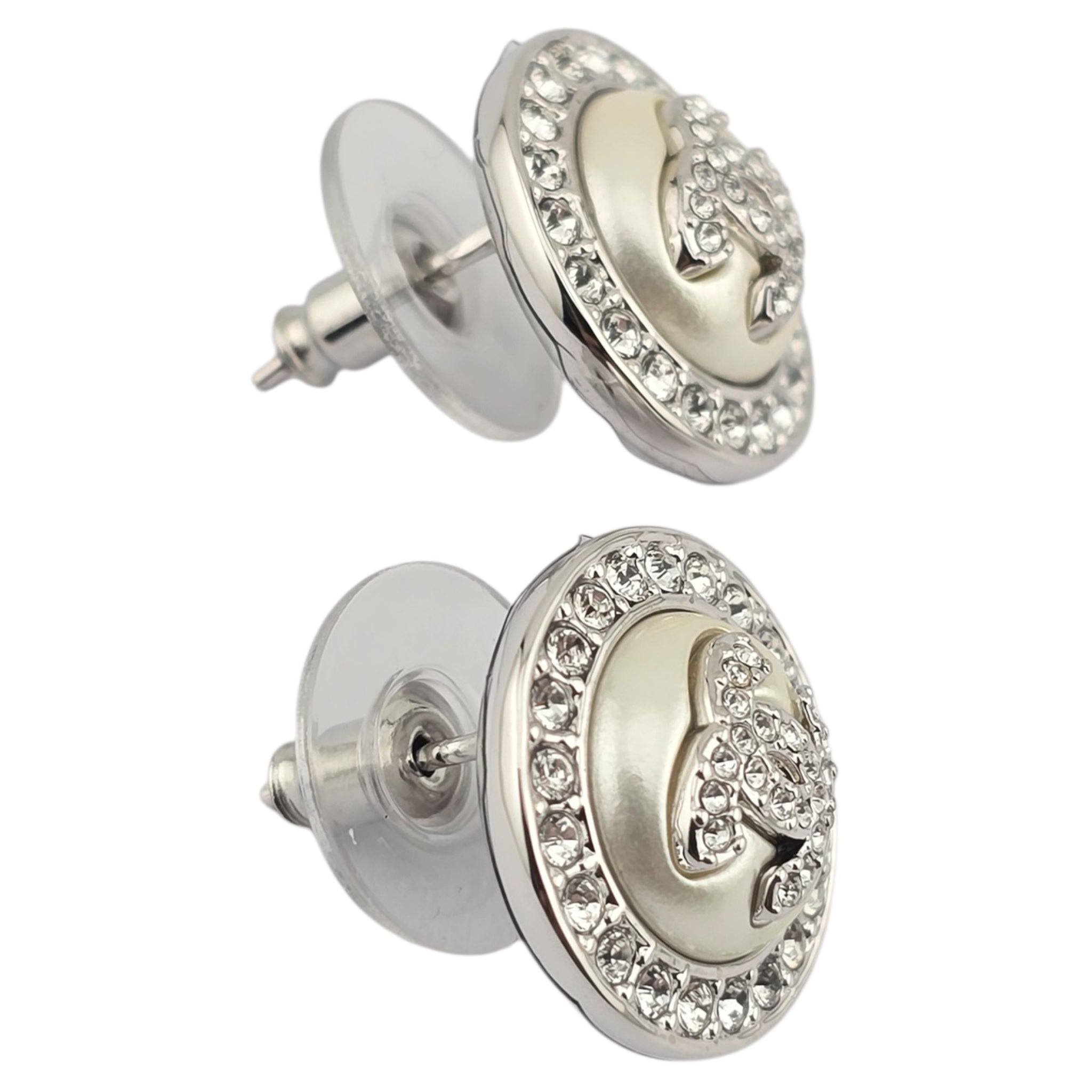 Chanel CC Pearl Crystal Round Earrings Silver 2025 CHANEL