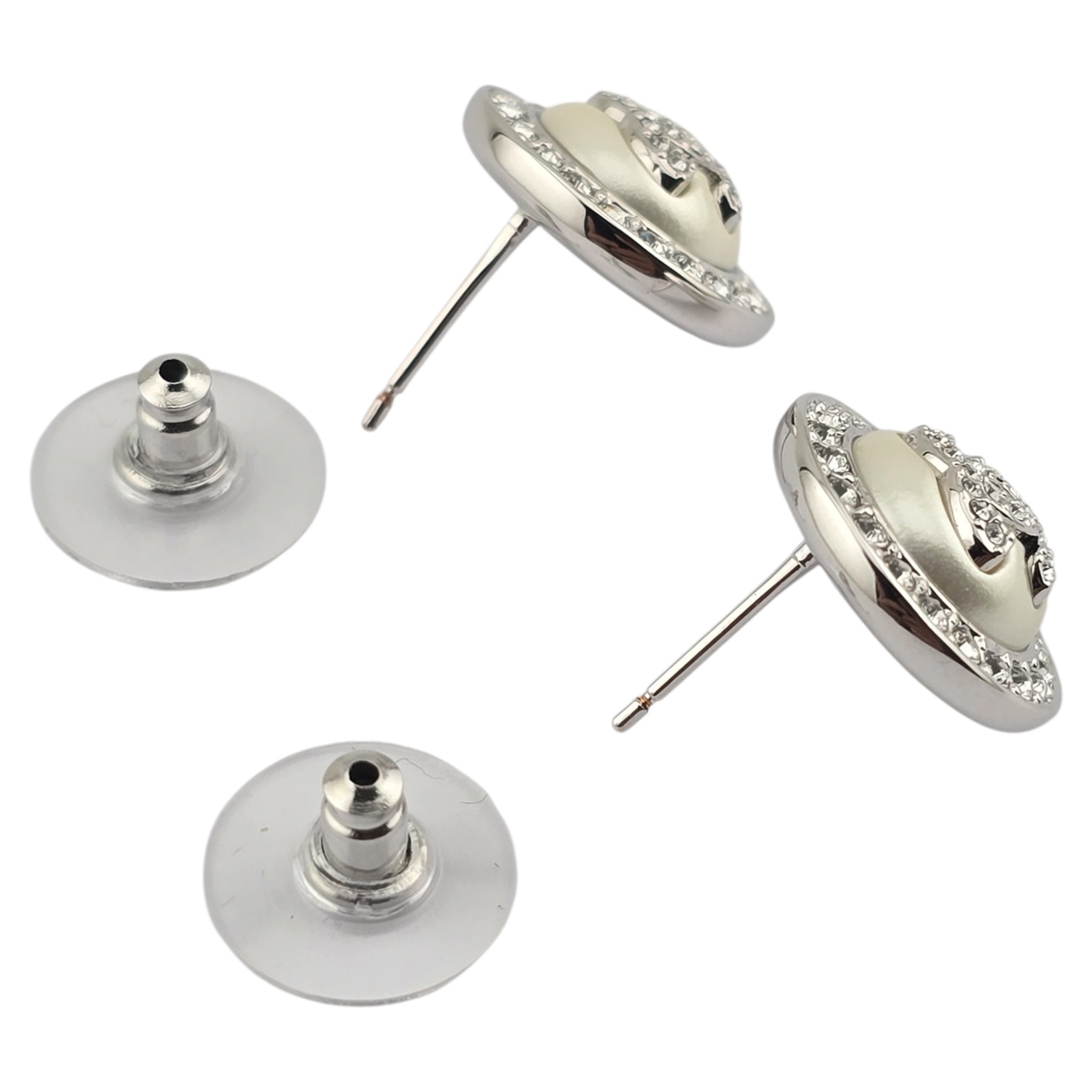 Chanel CC Pearl Crystal Round Earrings Silver 2025 CHANEL