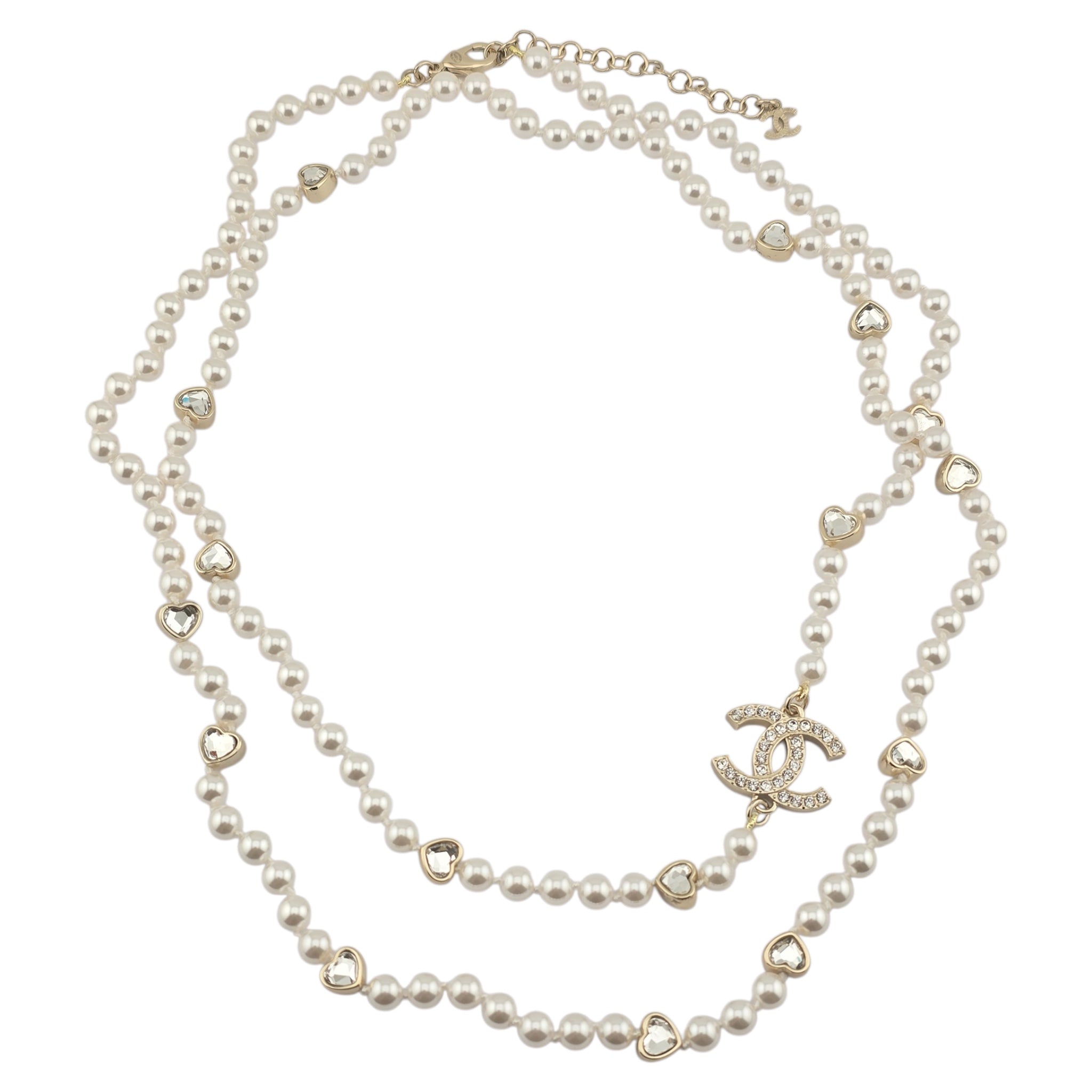 Chanel CC Faux Pearl Crystal Long Heart Necklace 2025 CHANEL