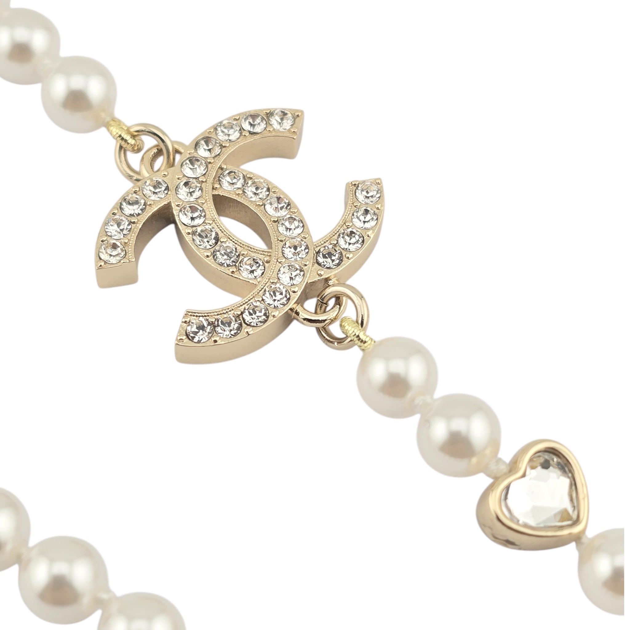 Chanel CC Faux Pearl Crystal Long Heart Necklace 2025 CHANEL