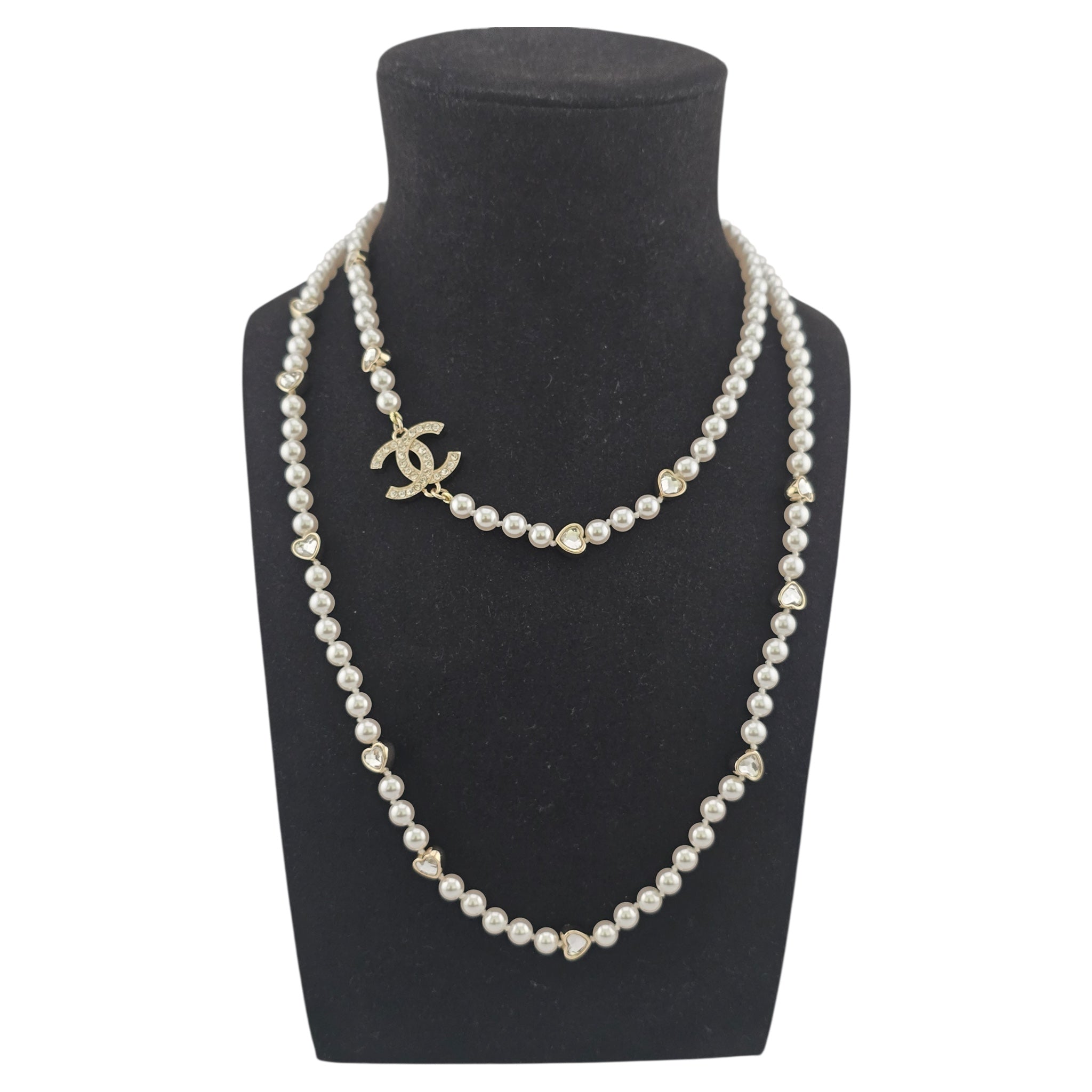 Chanel CC Faux Pearl Crystal Long Heart Necklace 2025 CHANEL