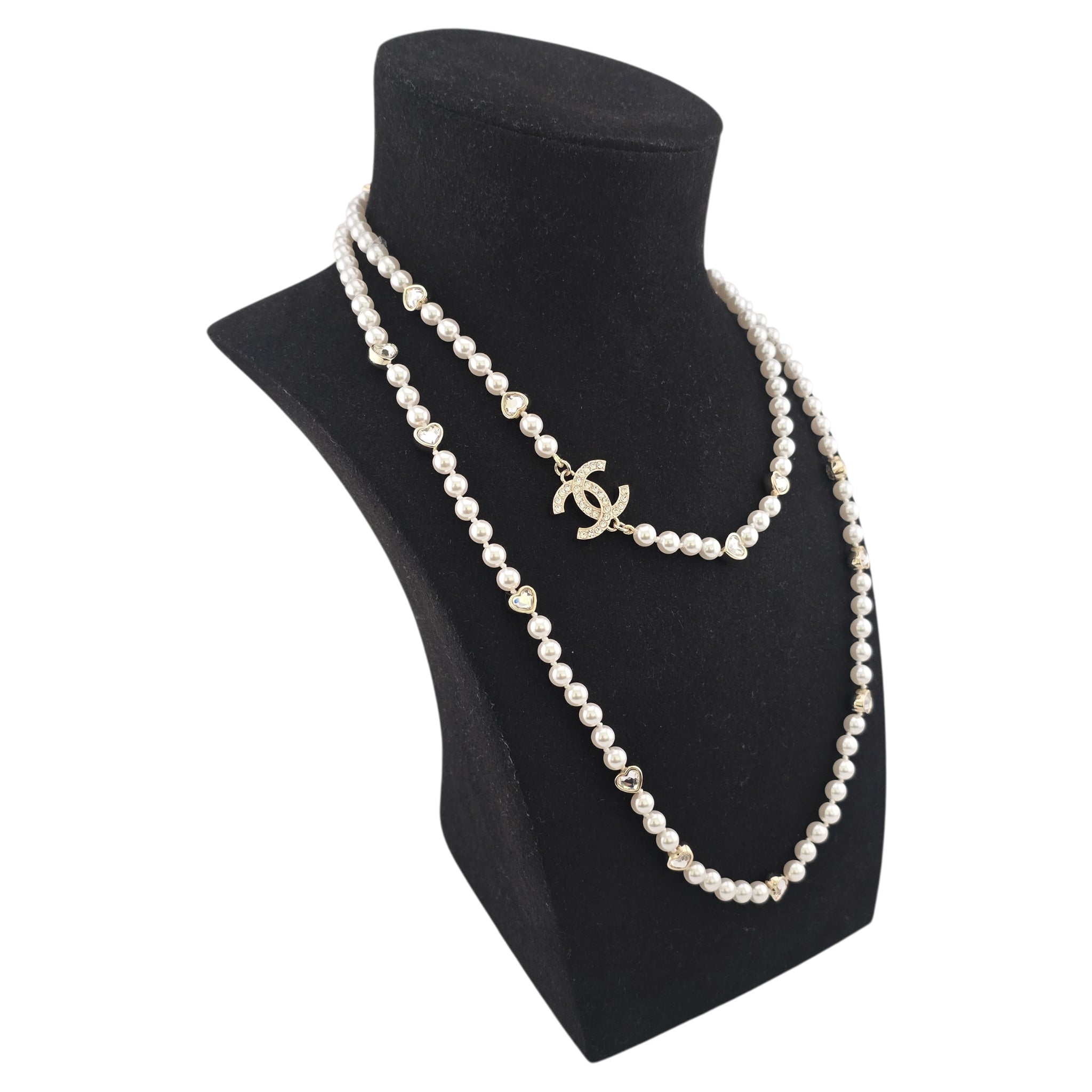Chanel CC Faux Pearl Crystal Long Heart Necklace 2025 CHANEL