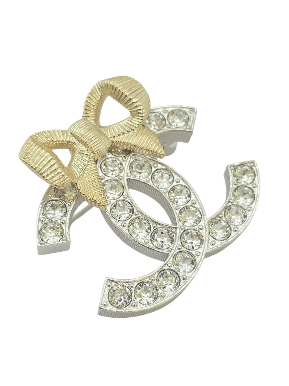 Chanel CC Gold/Silver Bow Crystal Brooch 2024 CHANEL