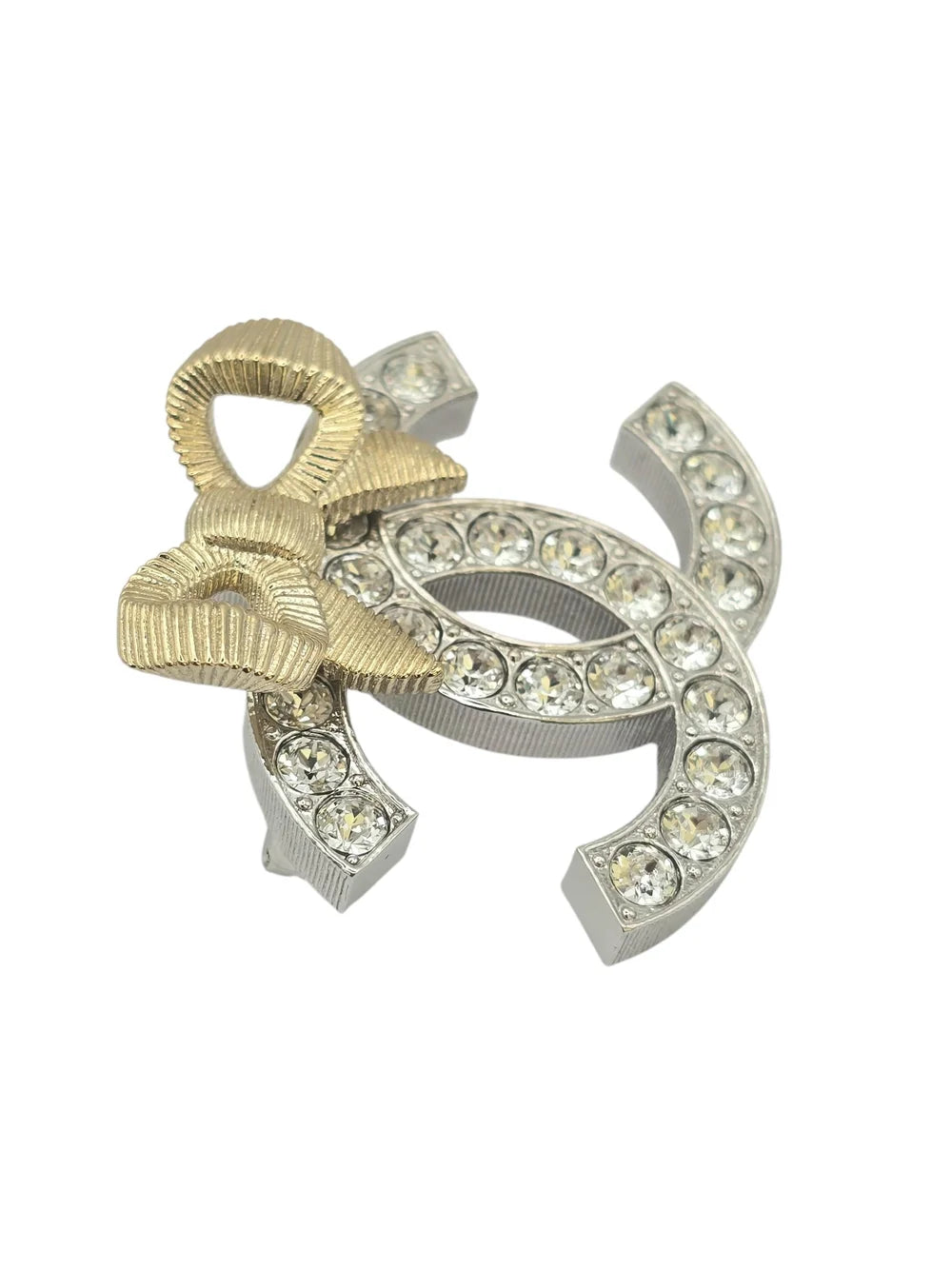 Chanel CC Gold/Silver Bow Crystal Brooch 2024 CHANEL