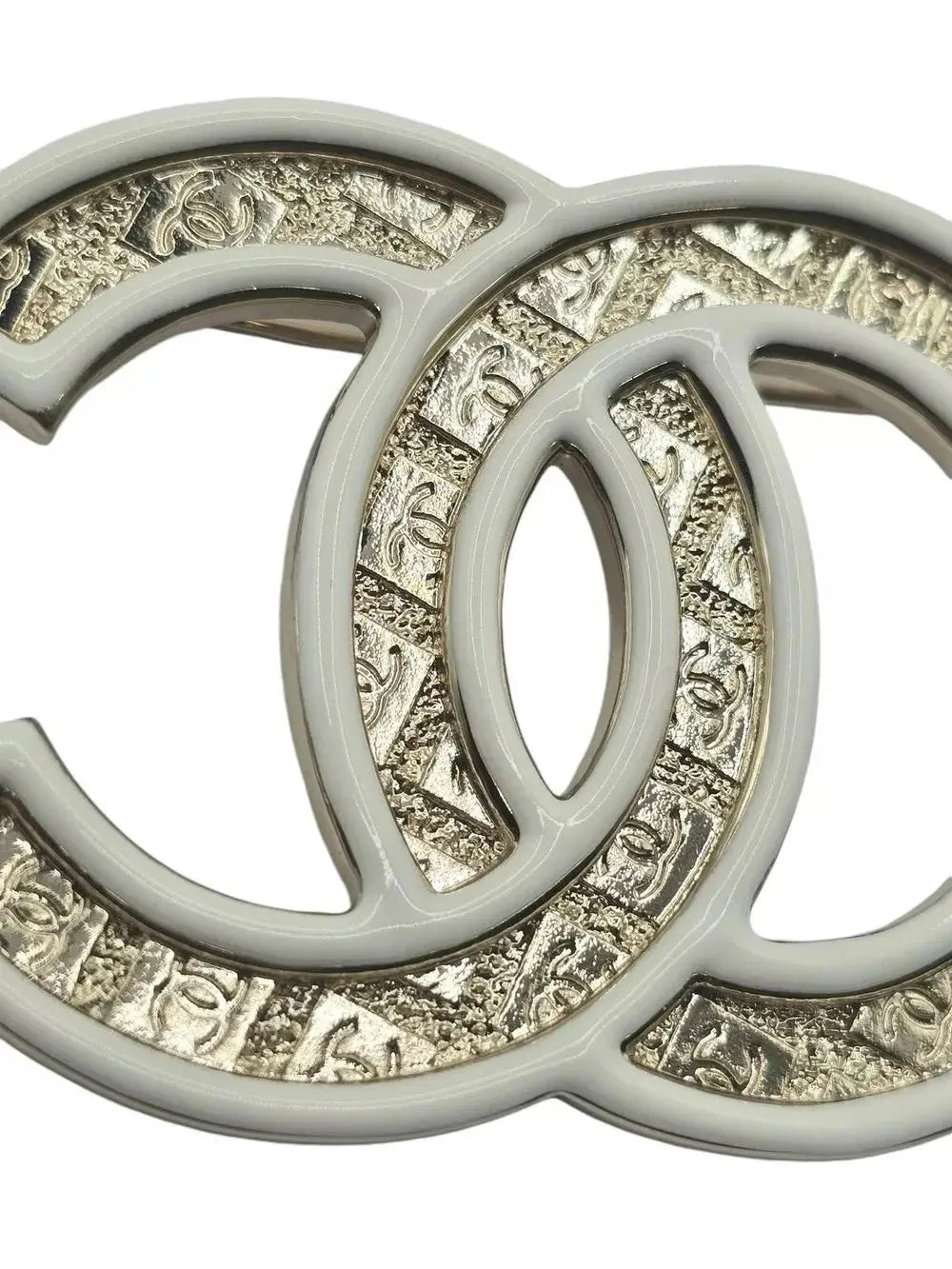 Chanel CC Gold/White Enamel Engraved Brooch 2024 CHANEL