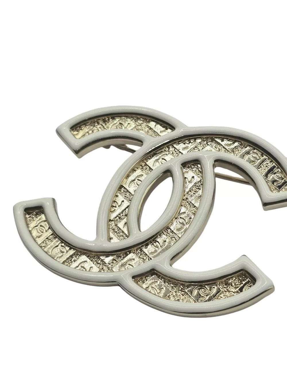 Chanel CC Gold/White Enamel Engraved Brooch 2024 CHANEL