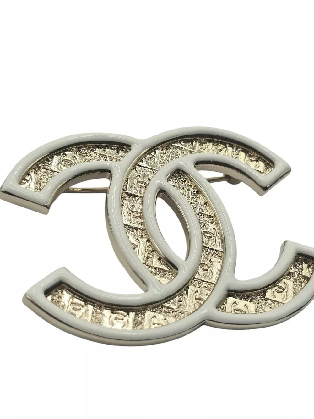 Chanel CC Gold/White Enamel Engraved Brooch 2024 CHANEL